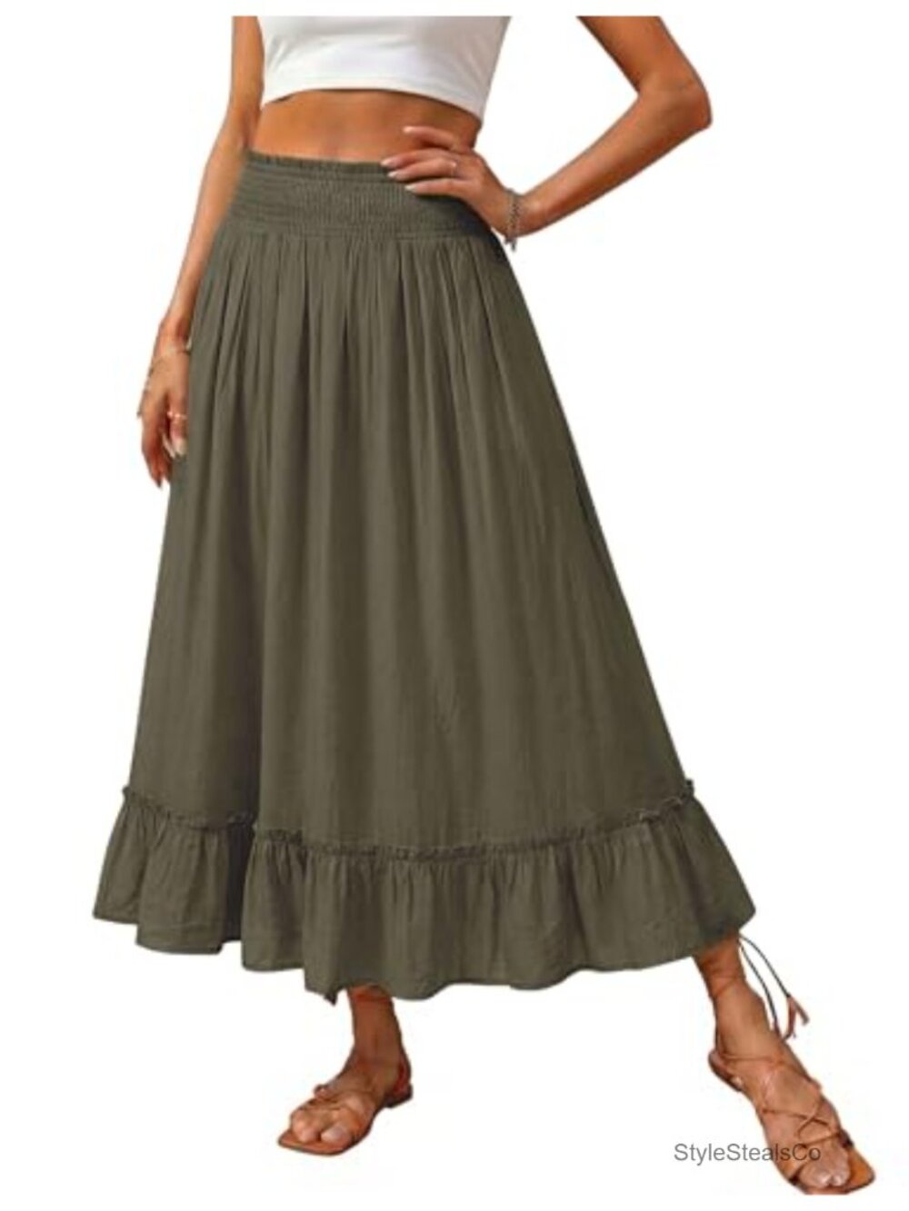 Flowy Maxi Skirt with Pockets, Ruffled Hem, A-Line Boho Long Skirt